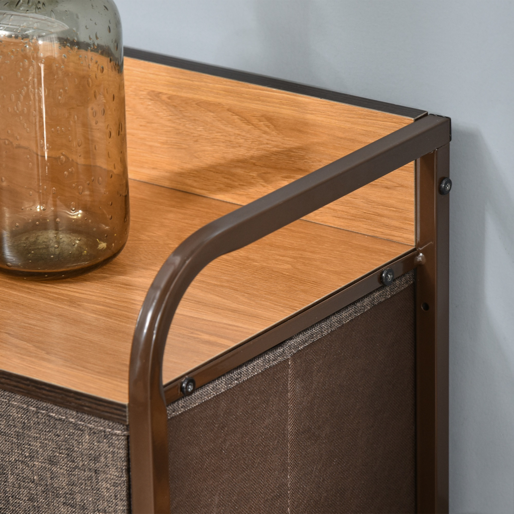 Seven‑drawer fabric dresser with metal frame.