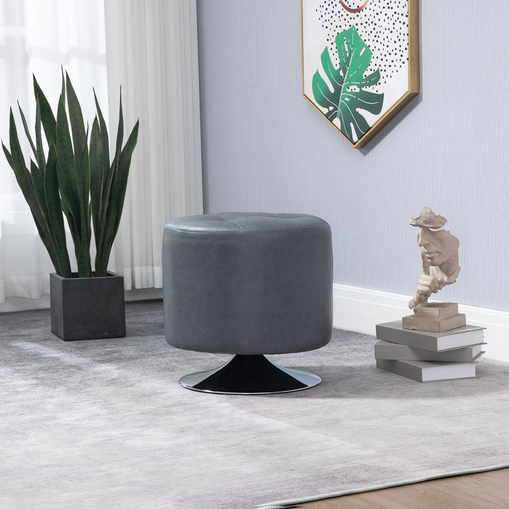 Grey 360‑degree swivel footstool with padded seat.