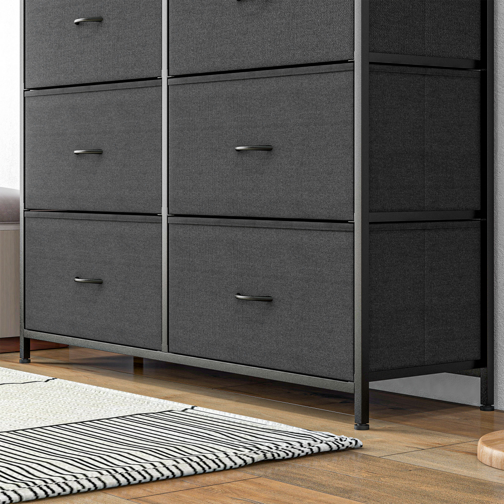 Black fabric chest of drawers with metal frame.
