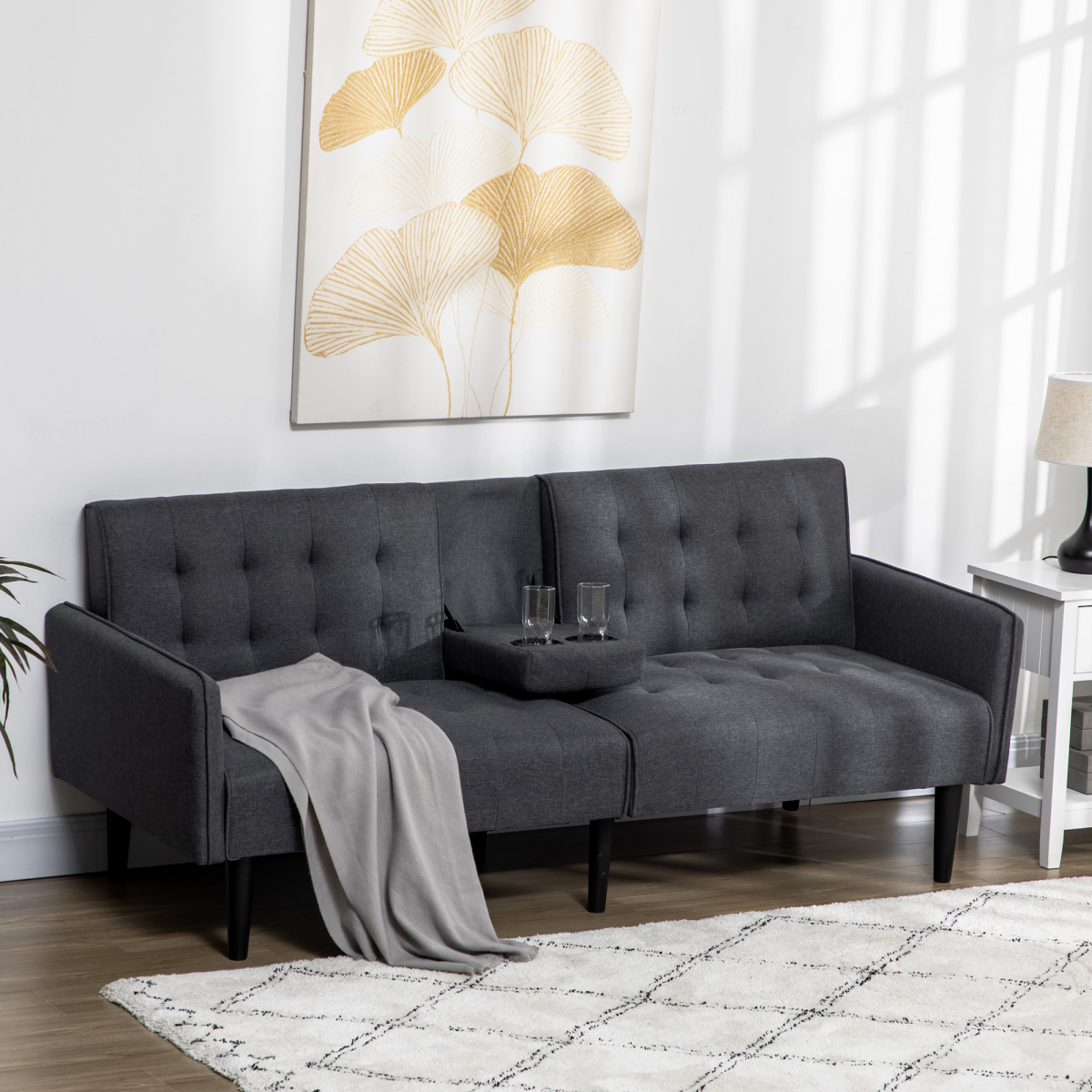 3-Seater Linen Sofa Bed with Cupholders
