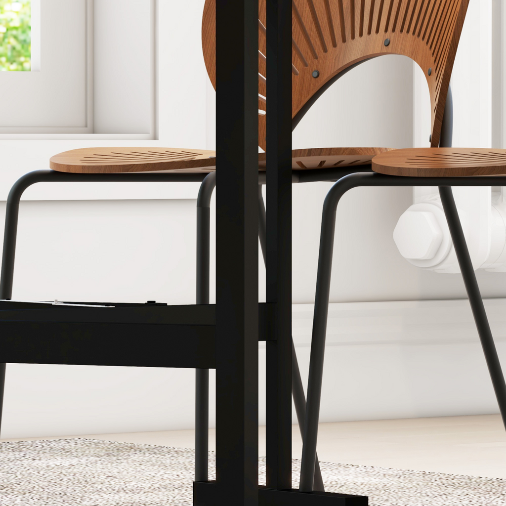 “Grey drop‑leaf folding dining table on wheels with storage shelves”