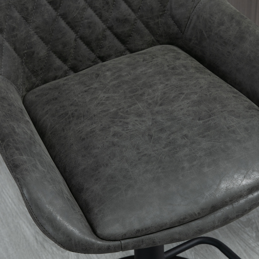 Set of two adjustable grey swivel bar stools with chrome base.