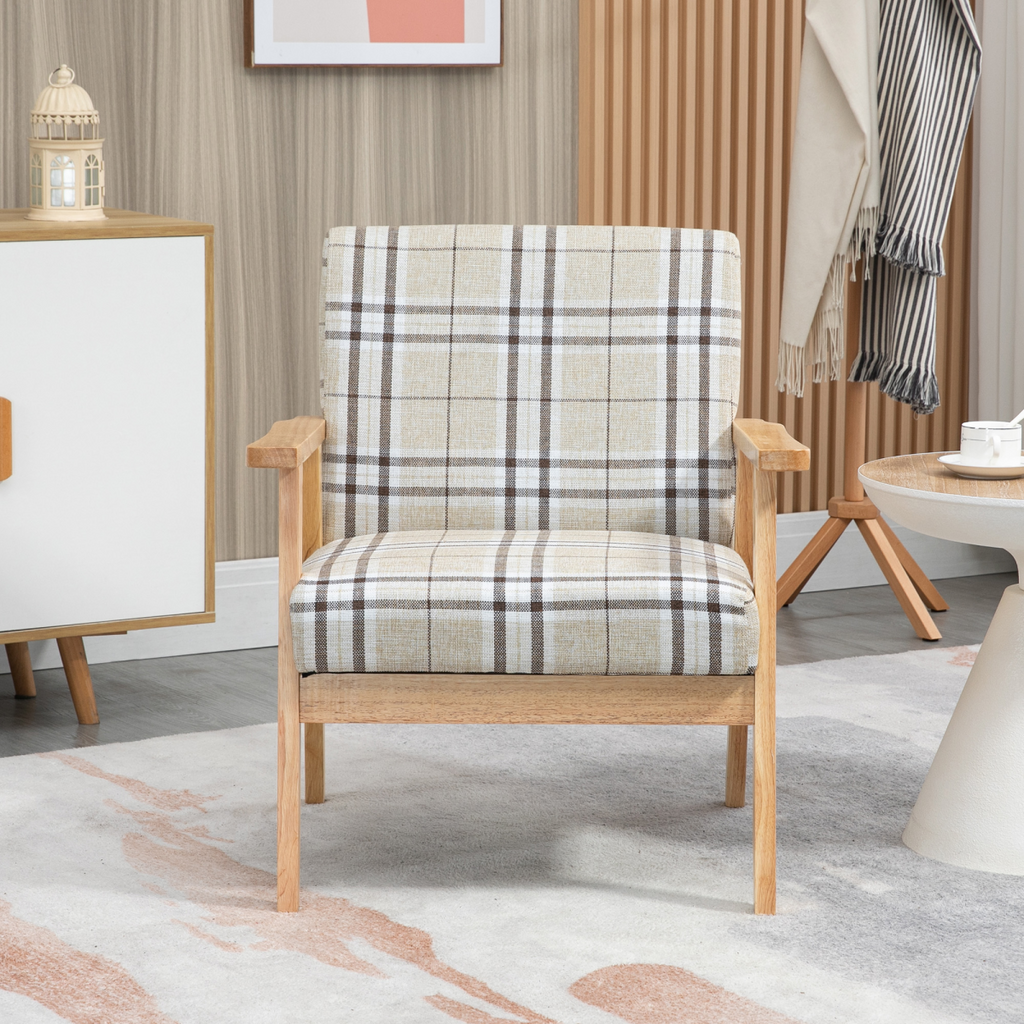Beige linen‑feel modern accent chair.