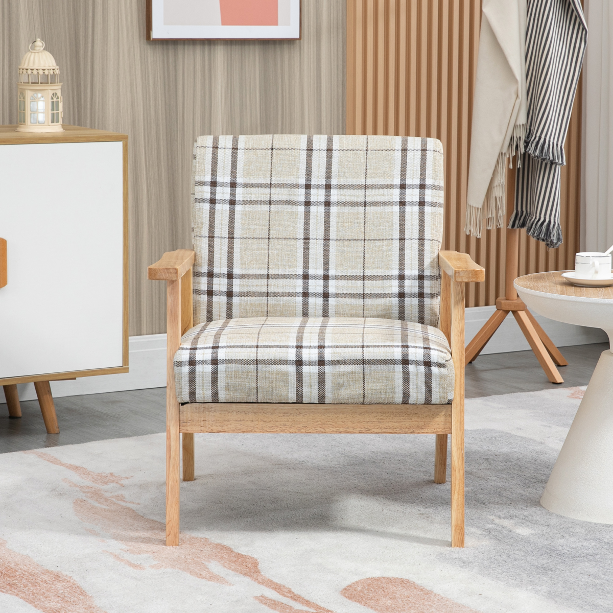 Beige linen‑feel modern accent chair.