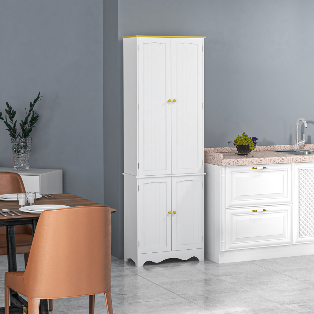 {
  "title": "Freestanding Kitchen Cupboard 4-Door Storage Cabinet, White, 4 Shelves",
  "description": "Freestanding kitchen cupboard with four doors and four shelves for storage. White finish."
}