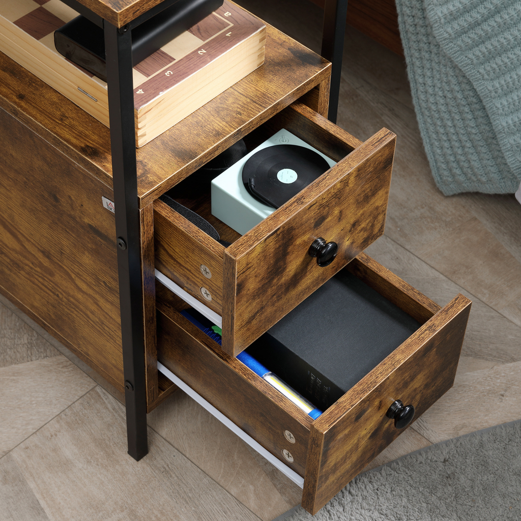 Slim brown side table with two drawers and lower shelf.