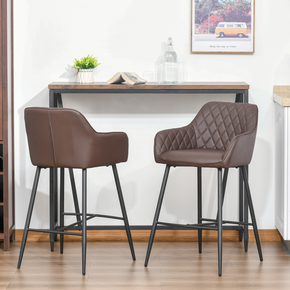 Set of two retro PU leather bar chairs with footrest.