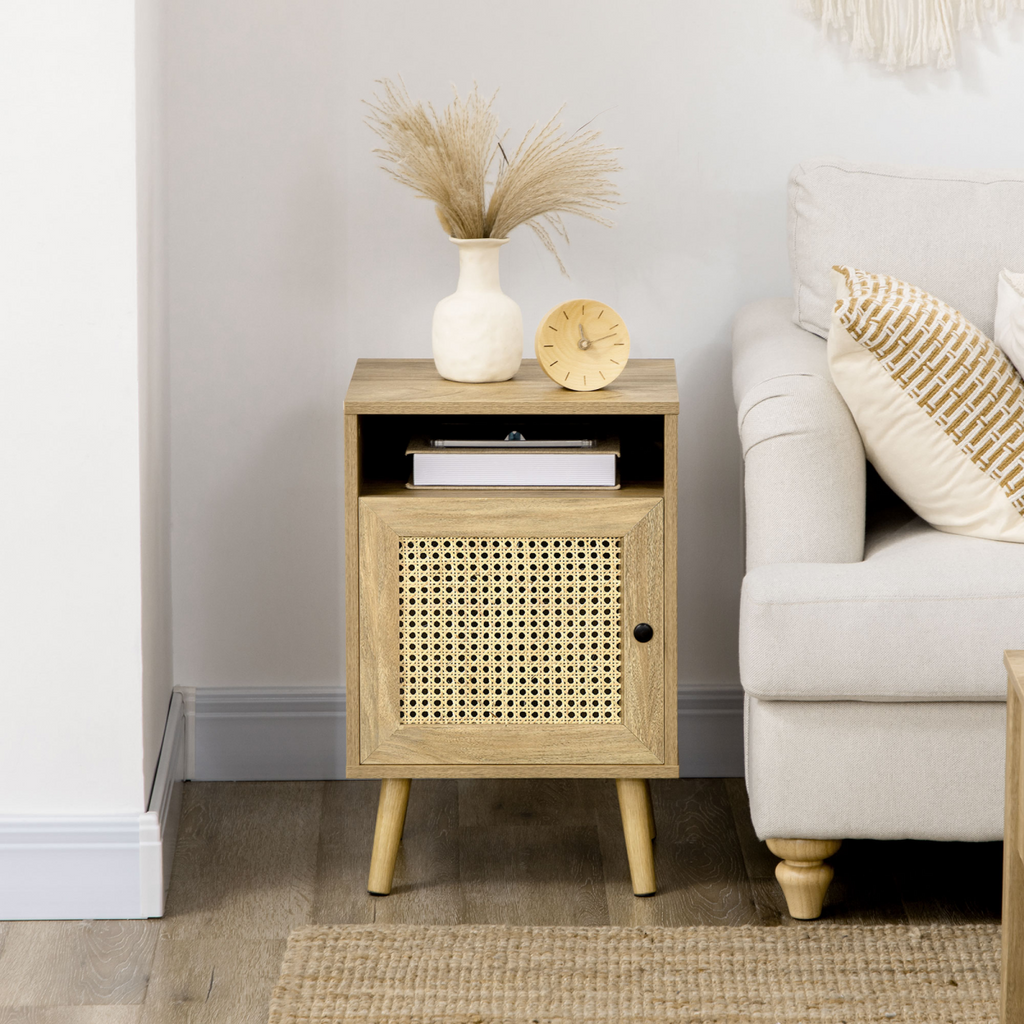 Rattan‑front bedside table with cabinet and shelf.