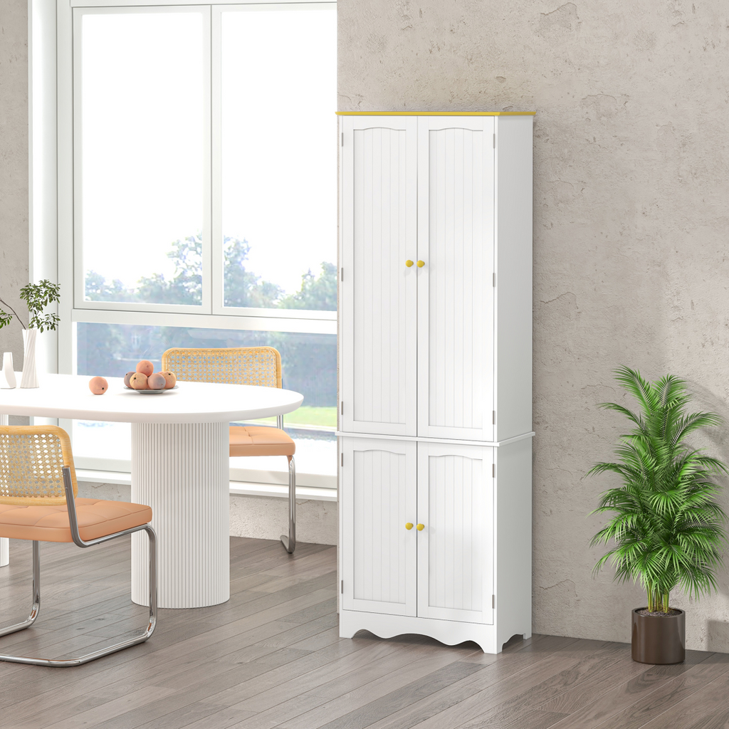 {
  "title": "Freestanding Kitchen Cupboard 4-Door Storage Cabinet, White, 4 Shelves",
  "description": "Freestanding kitchen cupboard with four doors and four shelves for storage. White finish."
}