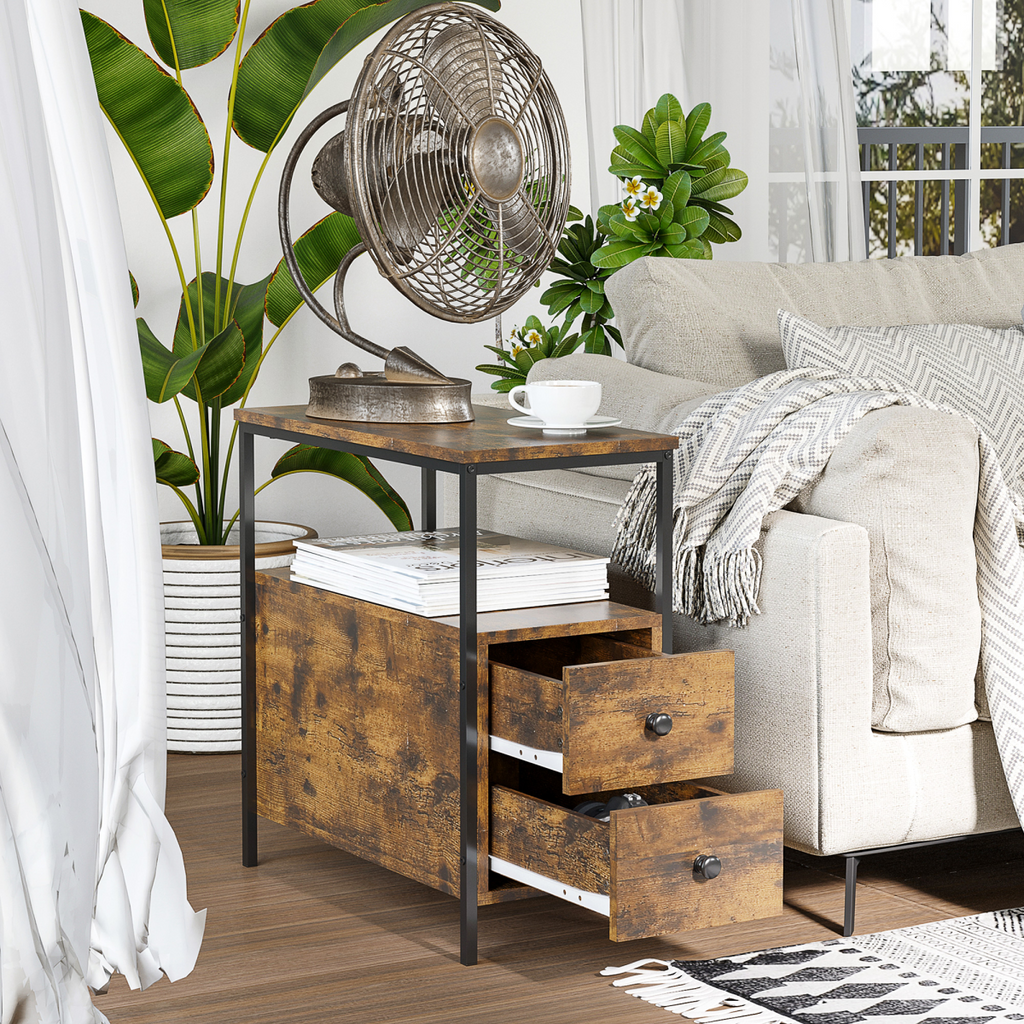 Slim brown side table with two drawers and lower shelf.
