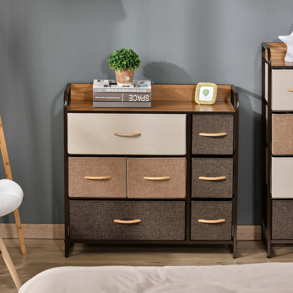 Seven‑drawer fabric dresser with metal frame.