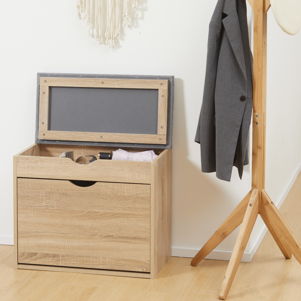 “Natural wood entryway shoe bench with cushioned seat and storage cabinet”