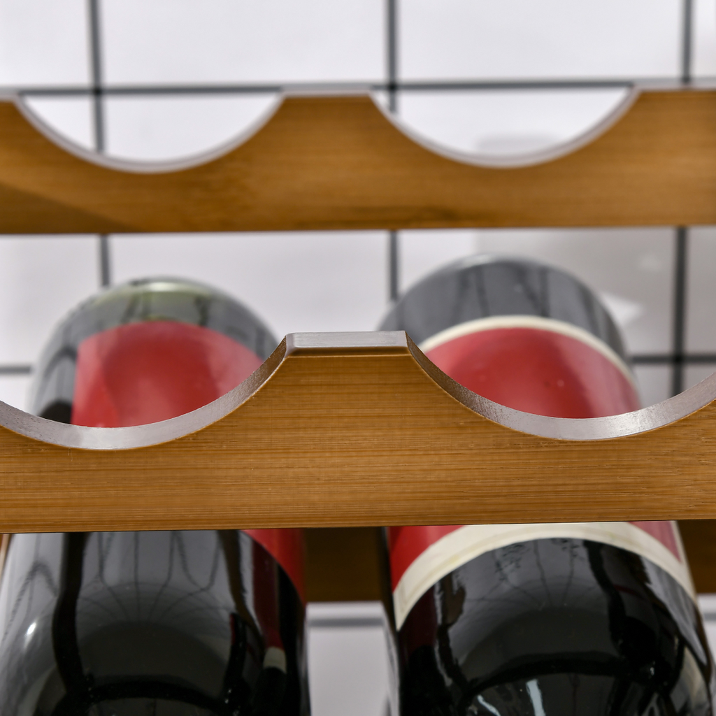 Bamboo 16‑bottle wine rack with four tiers.