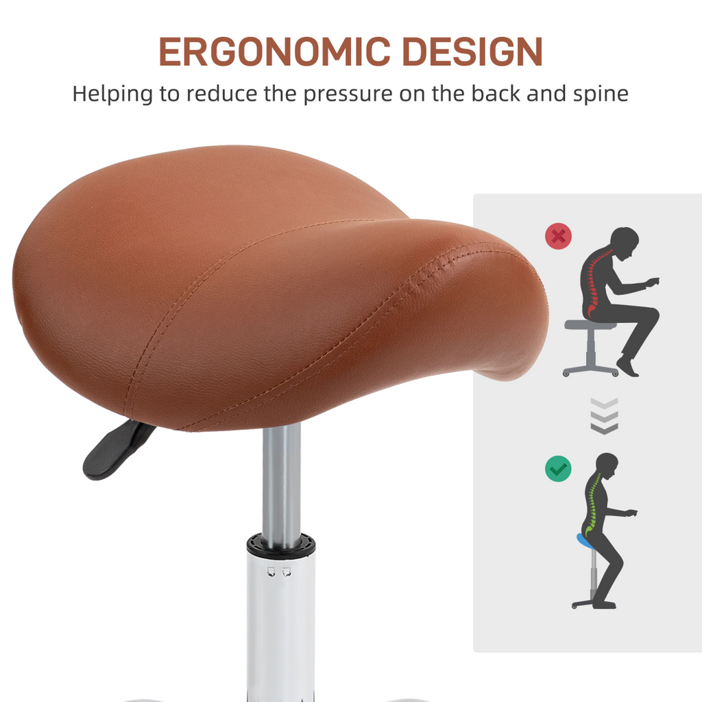 “Brown PU leather saddle stool with adjustable height and swivel base”