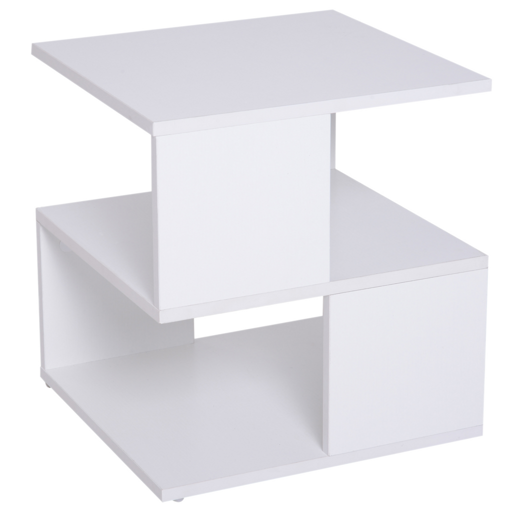 {
  "title": "Modern Square 2-Tier Wood Coffee Side Table Storage Shelf Rack, White",
  "description": "Two-tier square side table made from wood with a white finish. Provides storage and display space with two open tiers."
}