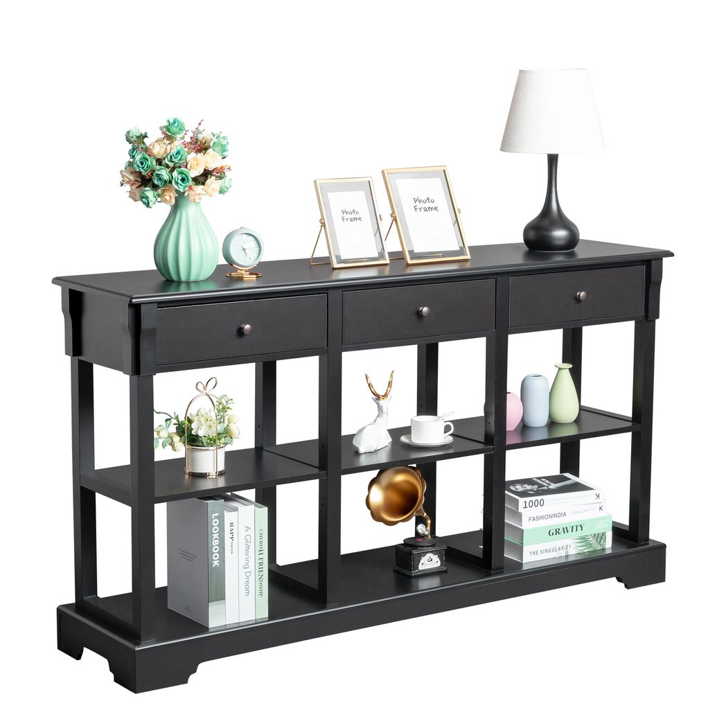 Console Sofa Table with Ample Storage, Retro Kitchen Buffet Cabinet Sideboard with Open Shelves and 3 Drawers, Accent Storage Cabinet for Entryway/Living Room Black Color
