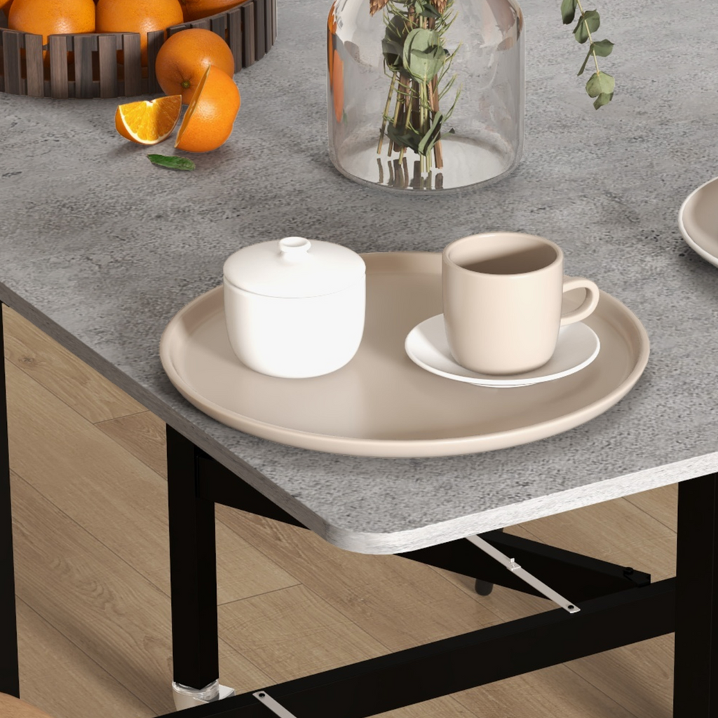 “Grey drop‑leaf folding dining table on wheels with storage shelves”