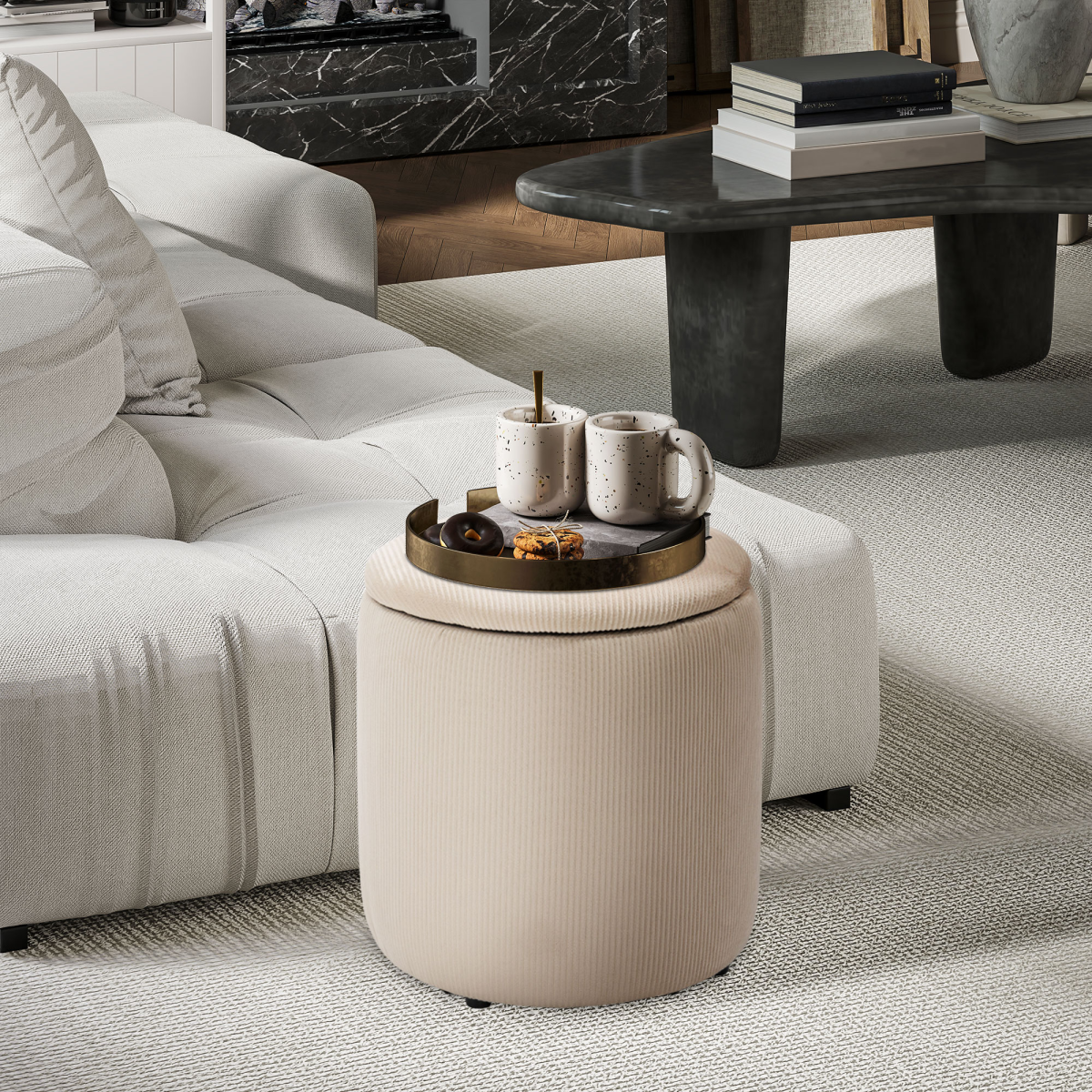 {
  "title": "Modern Fabric Storage Ottomans with Removable Lids, Set of 2, Cream White",
  "description": "Set of 2 modern fabric storage ottomans in cream white, each with a removable lid for easy access to stored items."
}