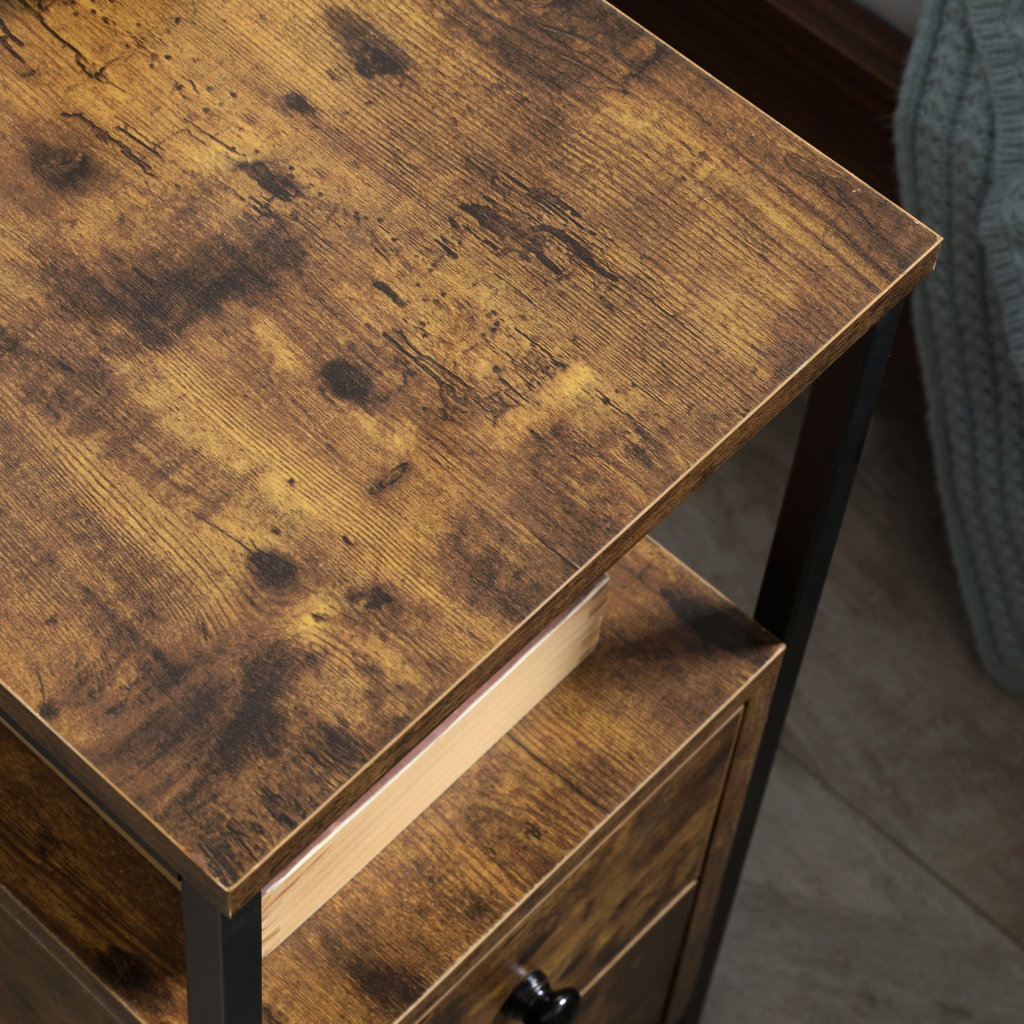 Slim brown side table with two drawers and lower shelf.
