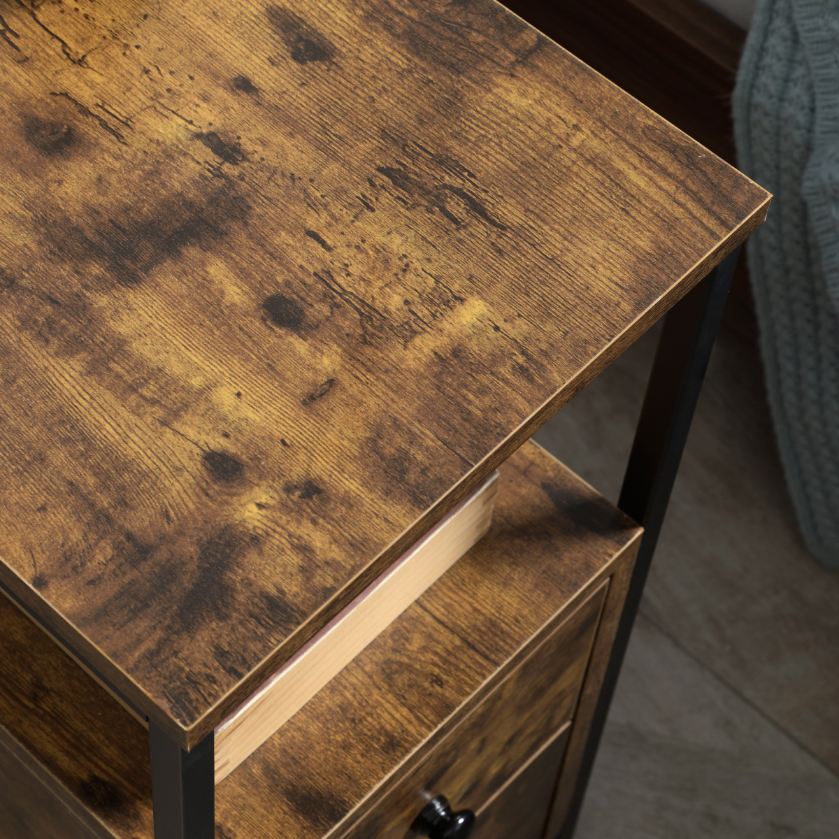 Slim brown side table with two drawers and lower shelf.