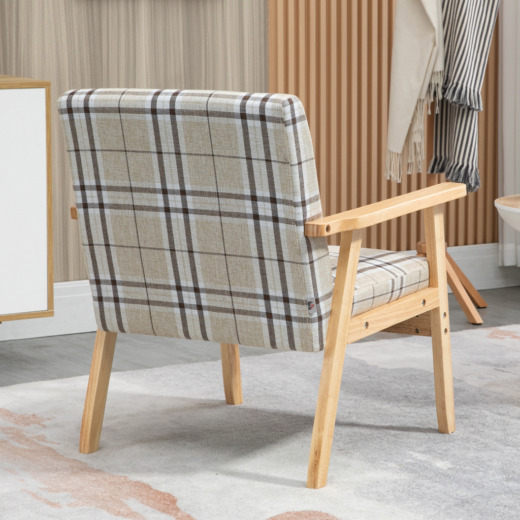Beige linen‑feel modern accent chair.
