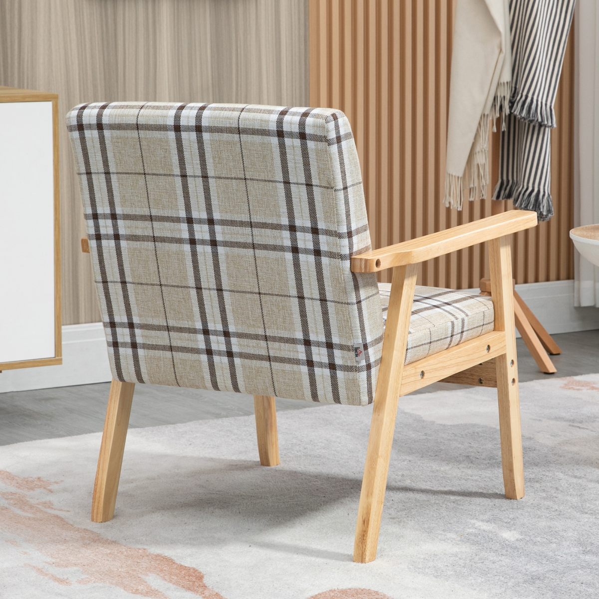 Beige linen‑feel modern accent chair.