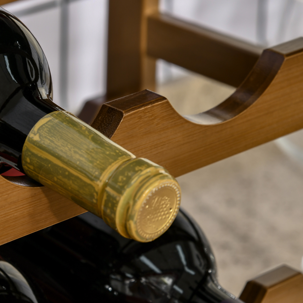 Bamboo 16‑bottle wine rack with four tiers.
