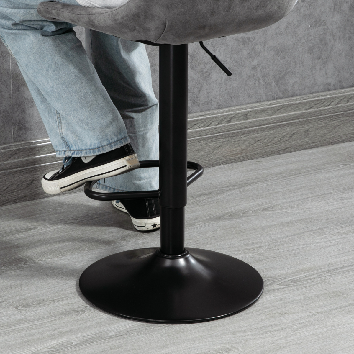 Set of two grey microfibre retro tub bar stools.