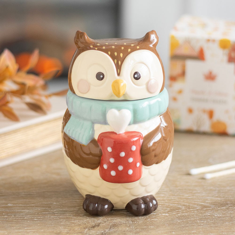 Ceramic owl oil burner in soft woodland tones