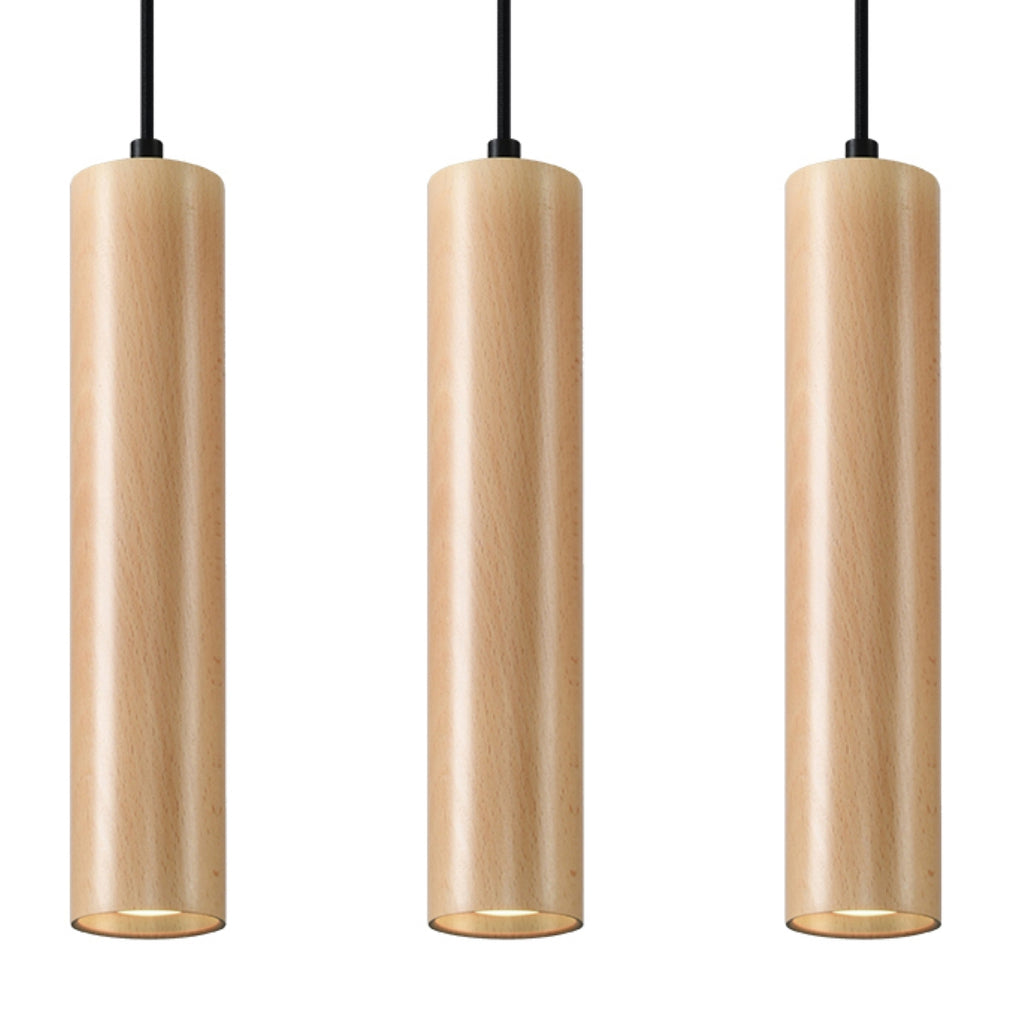 Wood and linen pendant lamp with soft ambient shade.