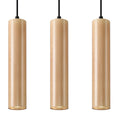 Wood and linen pendant lamp with soft ambient shade.