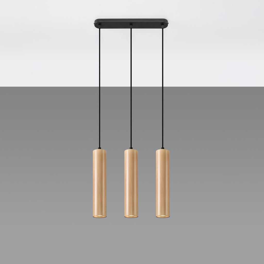 Wood and linen pendant lamp with soft ambient shade.
