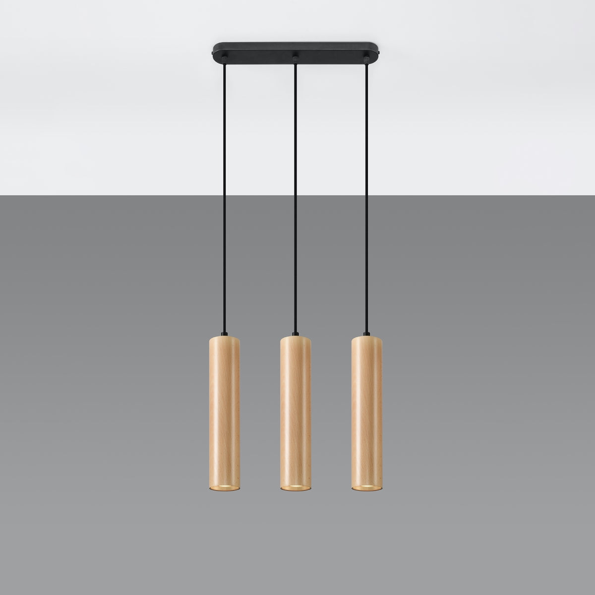 Wood and linen pendant lamp with soft ambient shade.