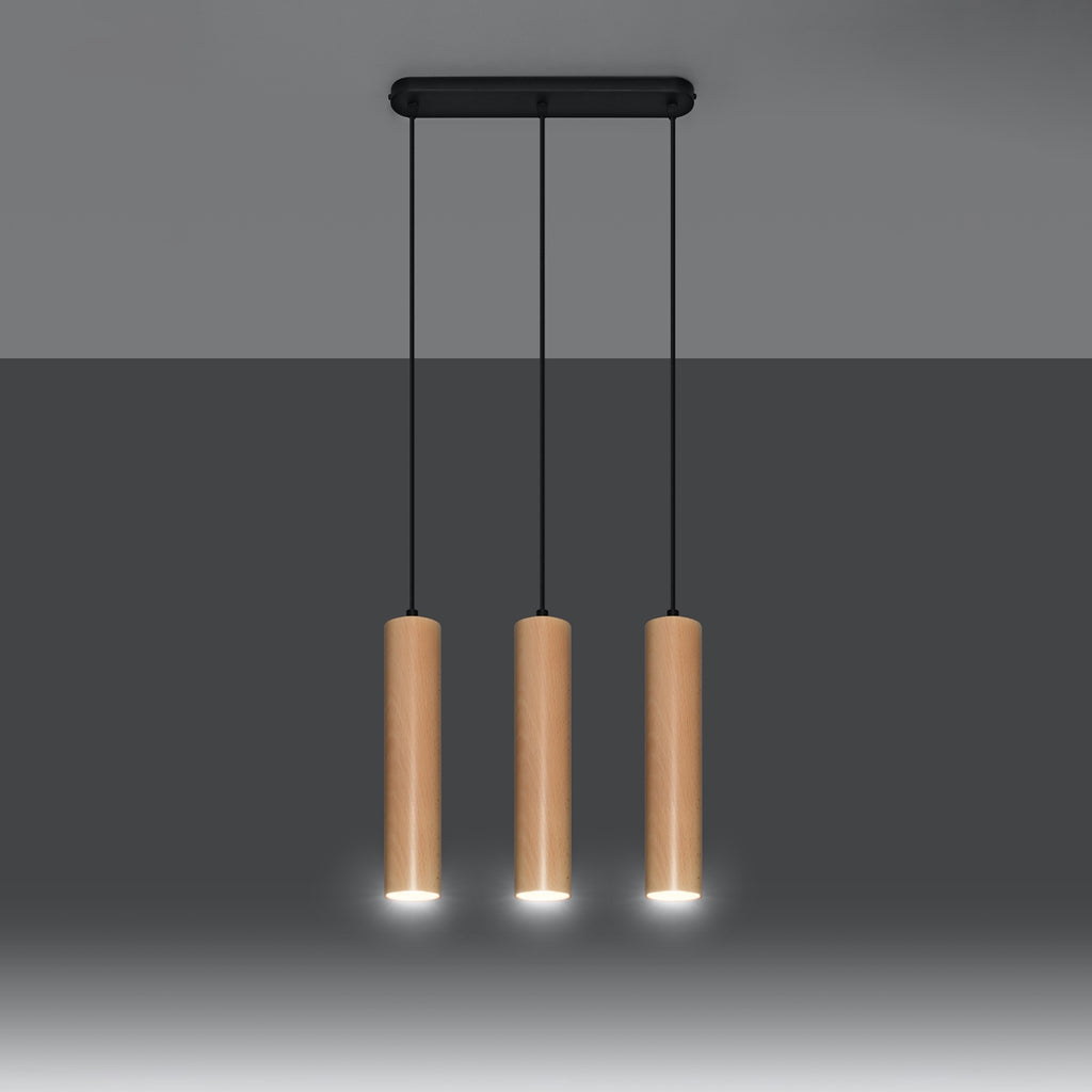Wood and linen pendant lamp with soft ambient shade.