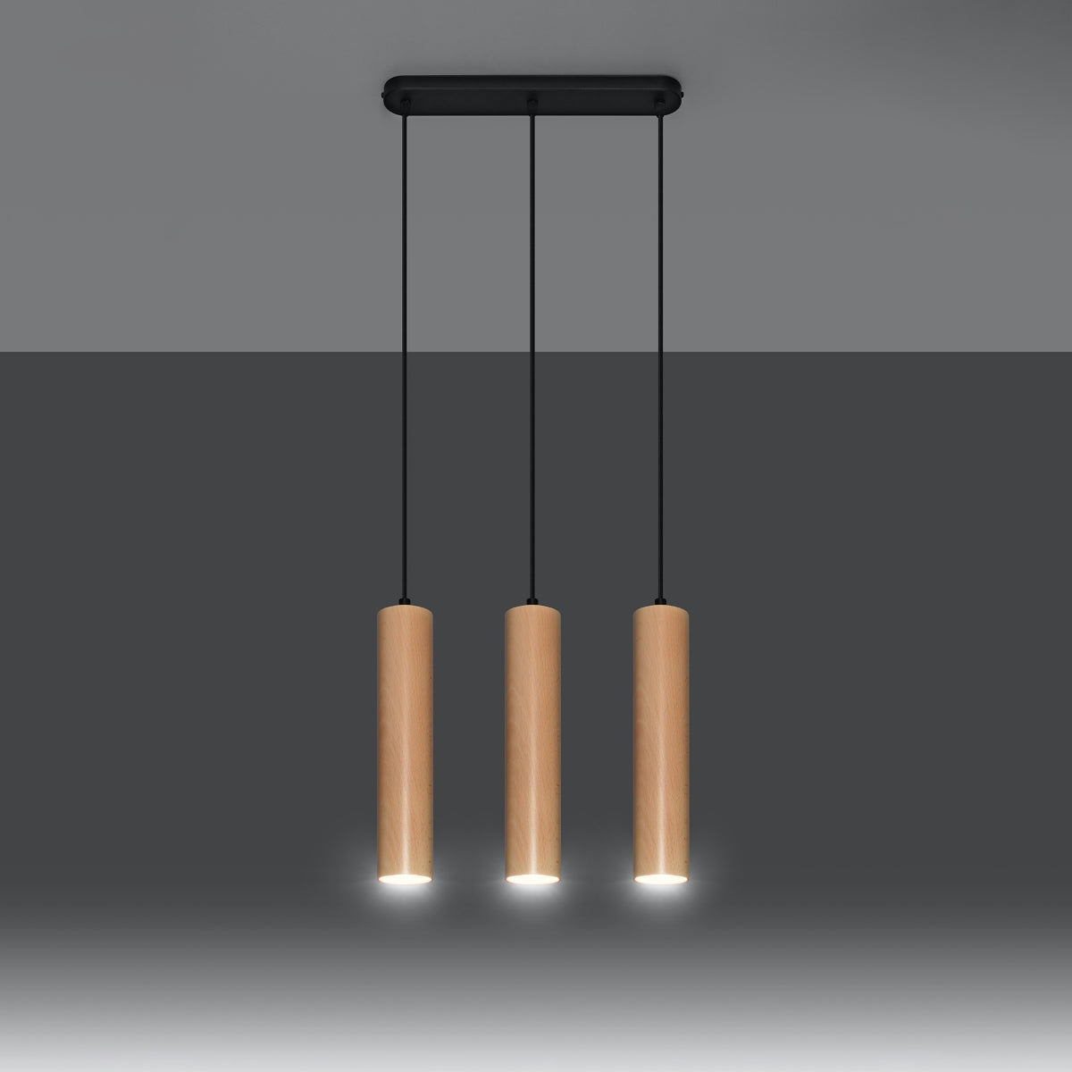 Wood and linen pendant lamp with soft ambient shade.