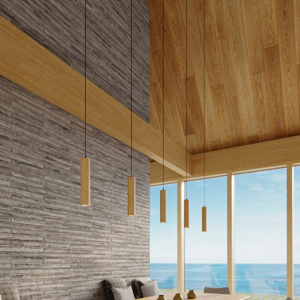 Wood and linen pendant lamp with soft ambient shade.