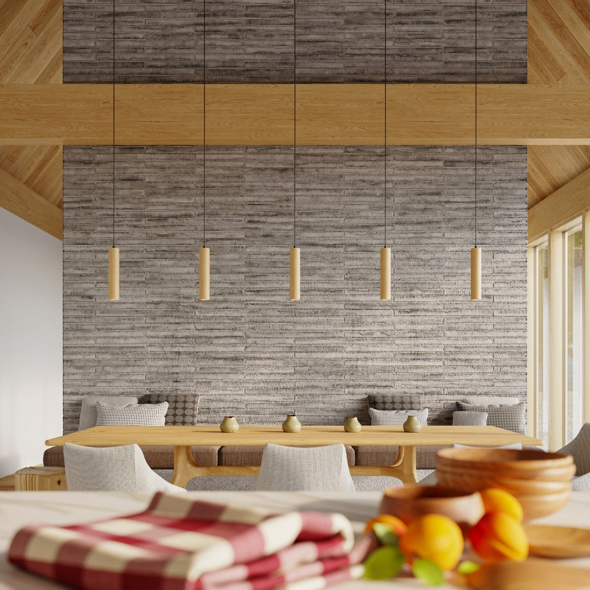 Wood and linen pendant lamp with soft ambient shade.