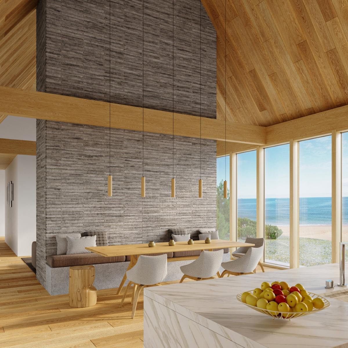 Wood and linen pendant lamp with soft ambient shade.
