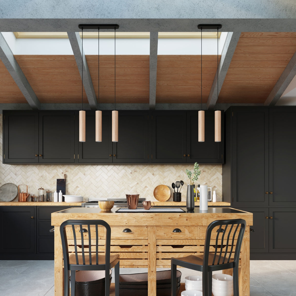 Wood and linen pendant lamp with soft ambient shade.