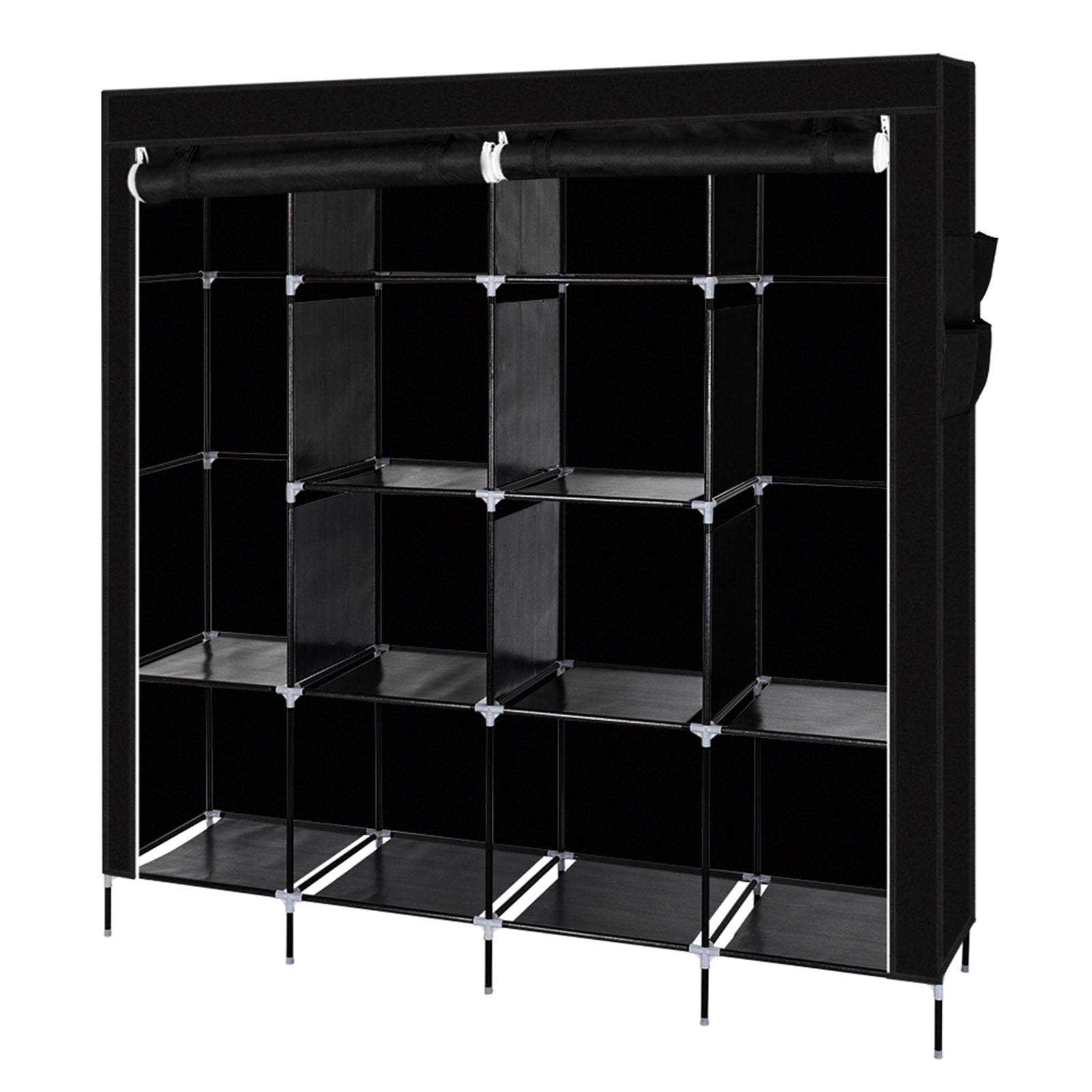 {
  "title": "Portable Wardrobe Clothes Storage Rack with 12 Shelves and 4 Side Pockets, Black",
  "description": ""
}