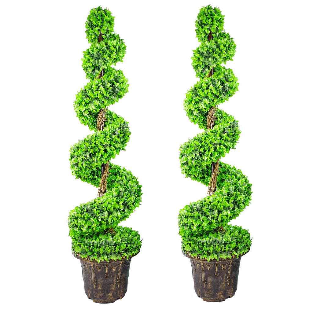 Pair of 120cm spiral topiary trees with decorative planters.