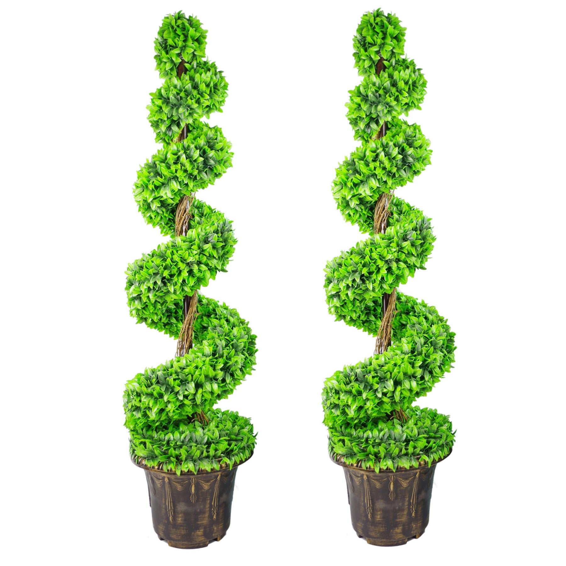 Pair of 120cm spiral topiary trees with decorative planters.