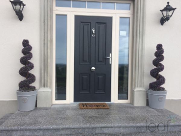 Pair of 120cm spiral topiary trees with decorative planters.