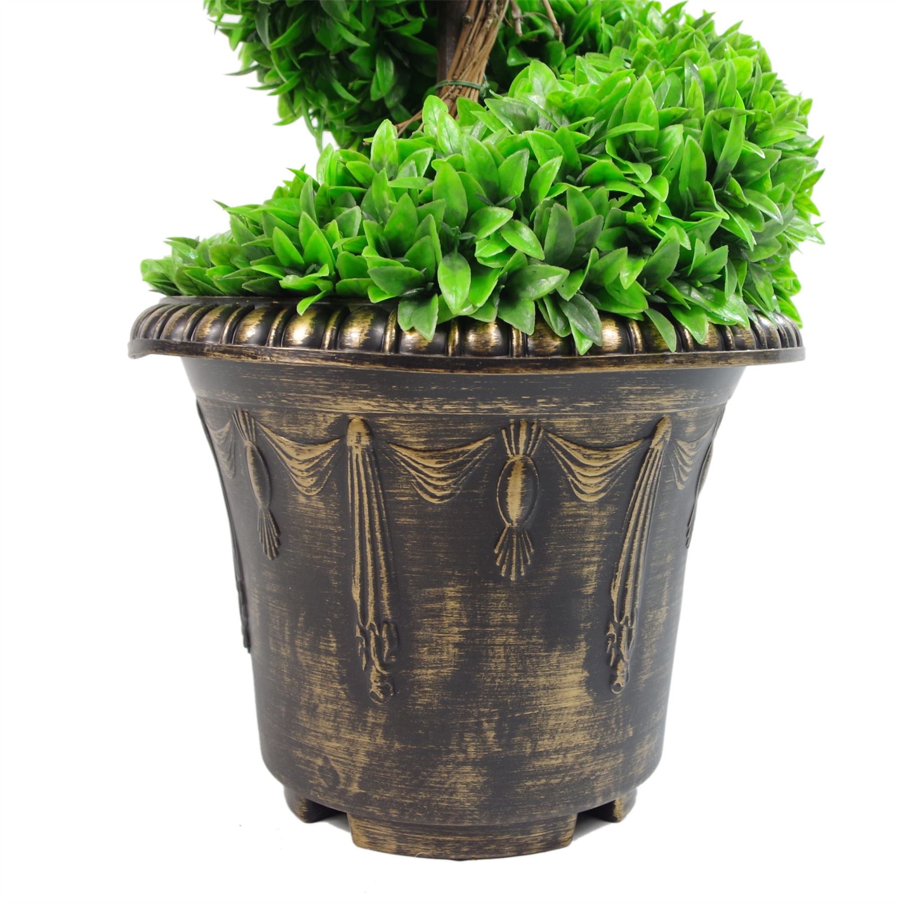 Pair of 120cm spiral topiary trees with decorative planters.