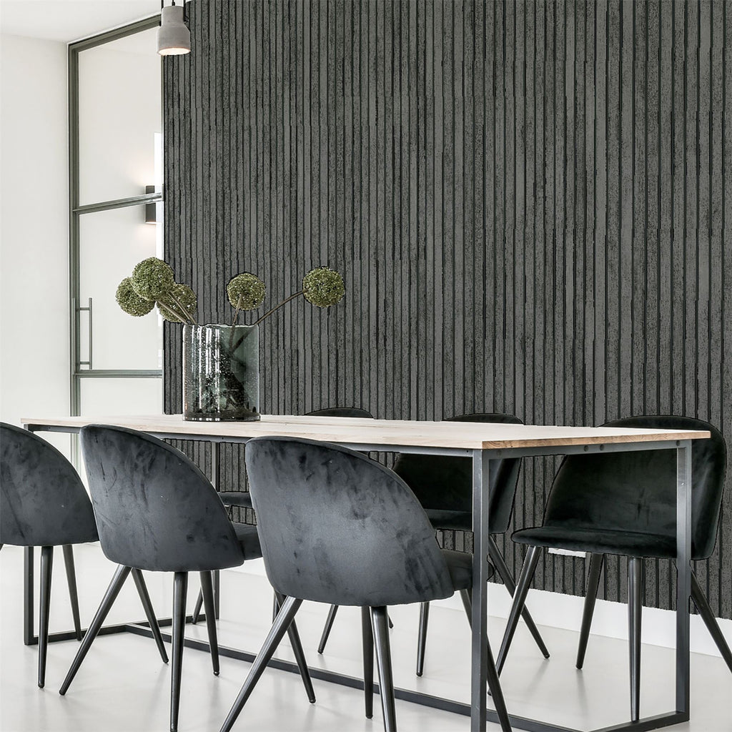 Charcoal grey decorative wood slat wall panel.