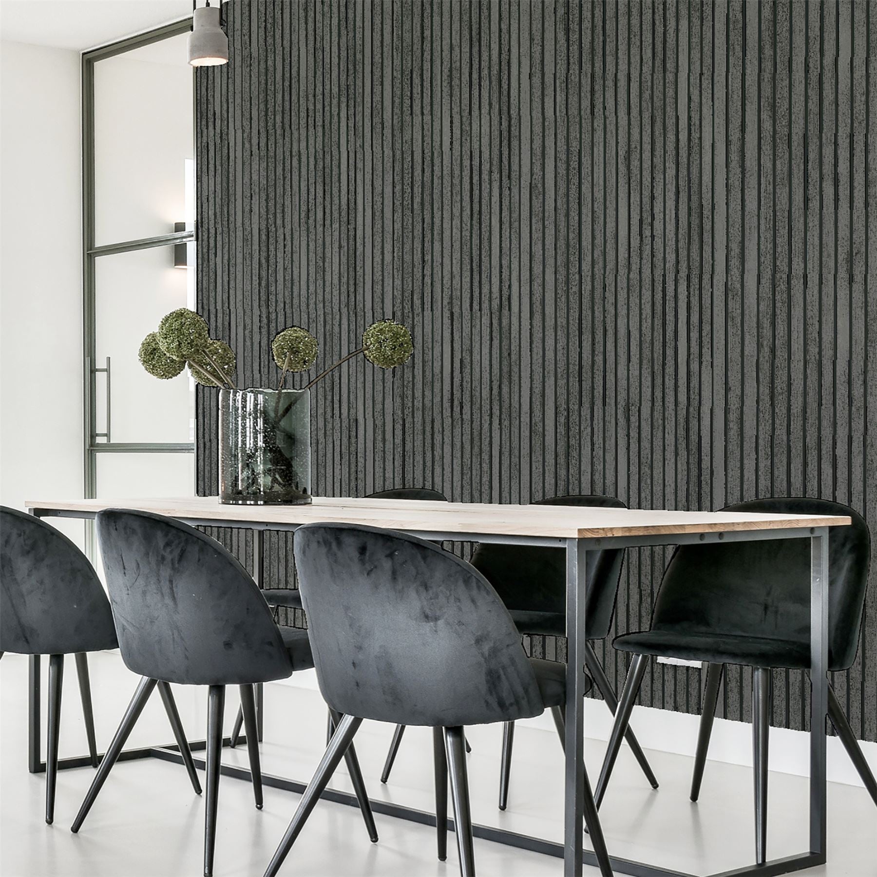 Charcoal grey decorative wood slat wall panel.