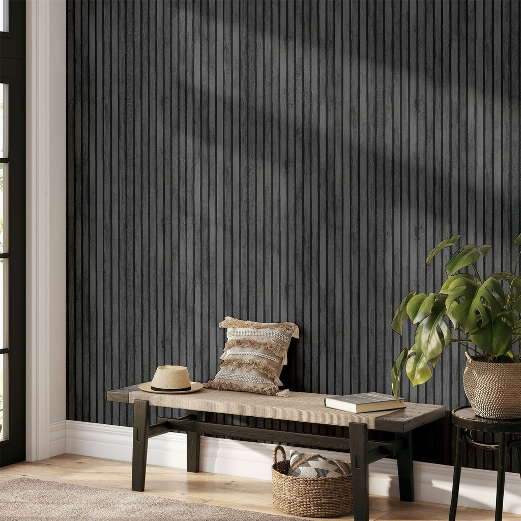 Charcoal grey decorative wood slat wall panel.