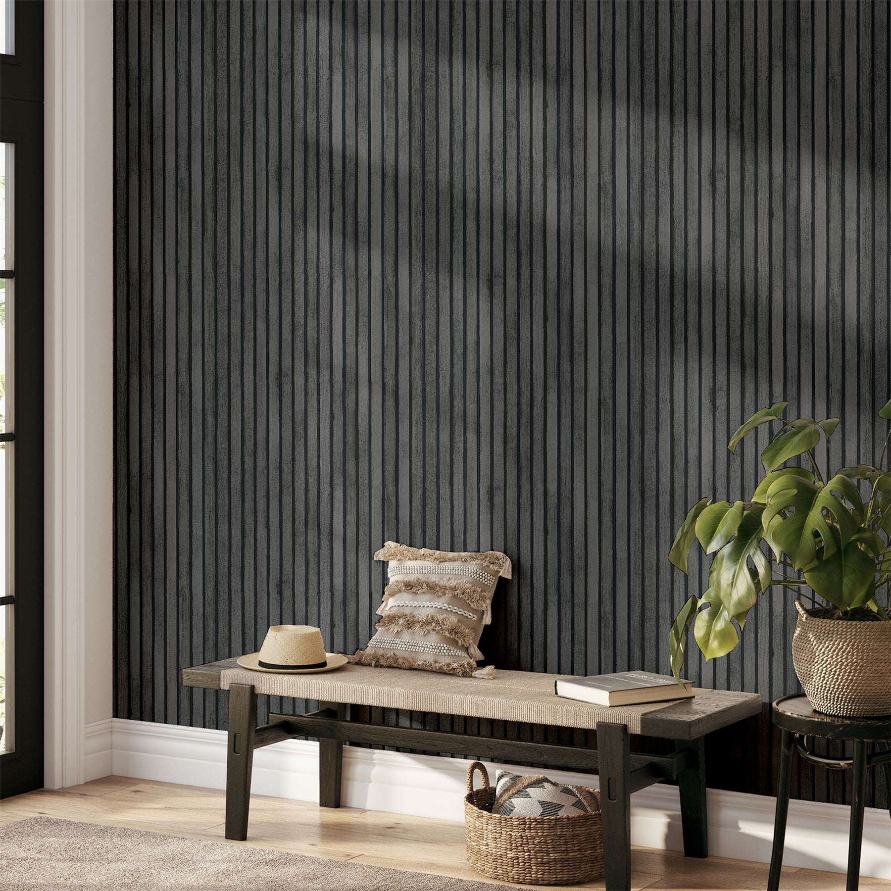Charcoal grey decorative wood slat wall panel.