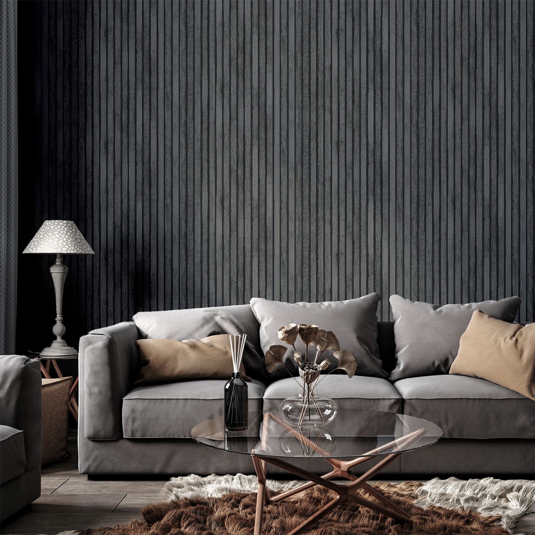 Charcoal grey decorative wood slat wall panel.