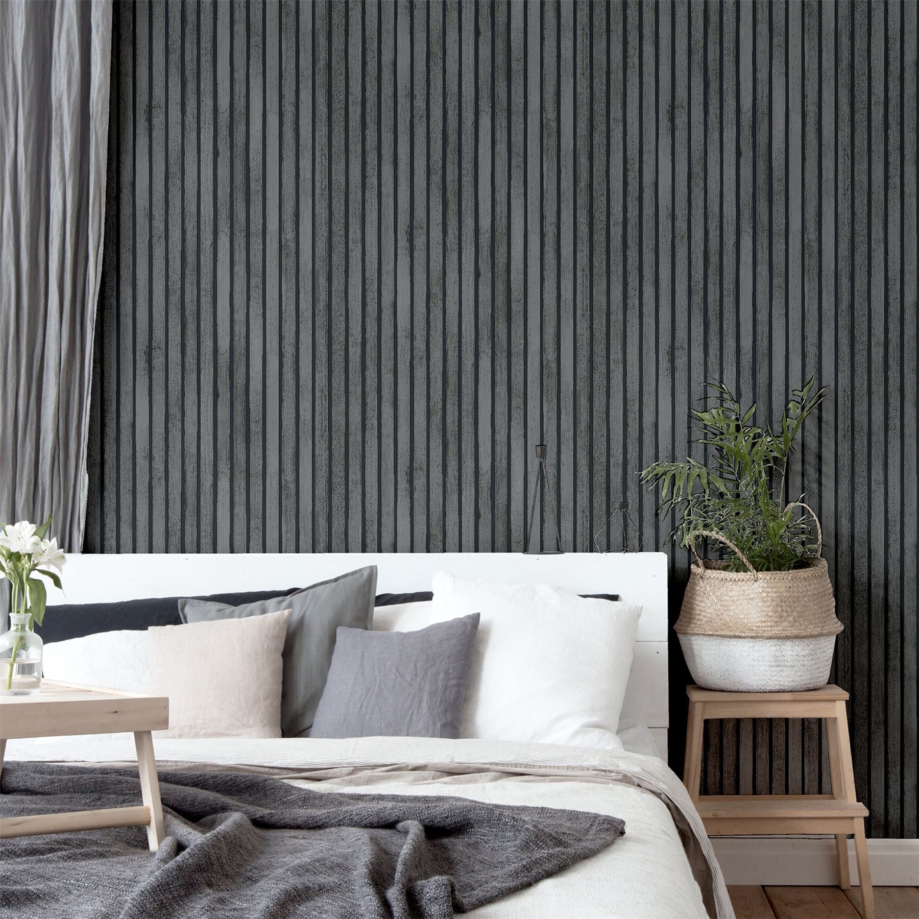 Charcoal grey decorative wood slat wall panel.
